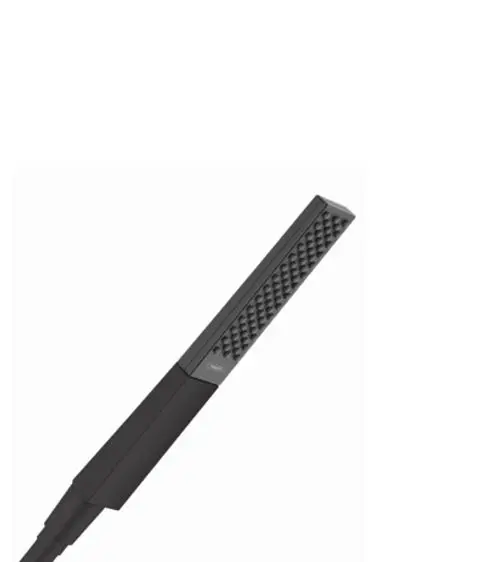 Schwarze Stabhandbrause mit einem langrechteckigen Design und strukturiertem Griff von Hansgrohe, geeignet für die Badezimmeranwendung.